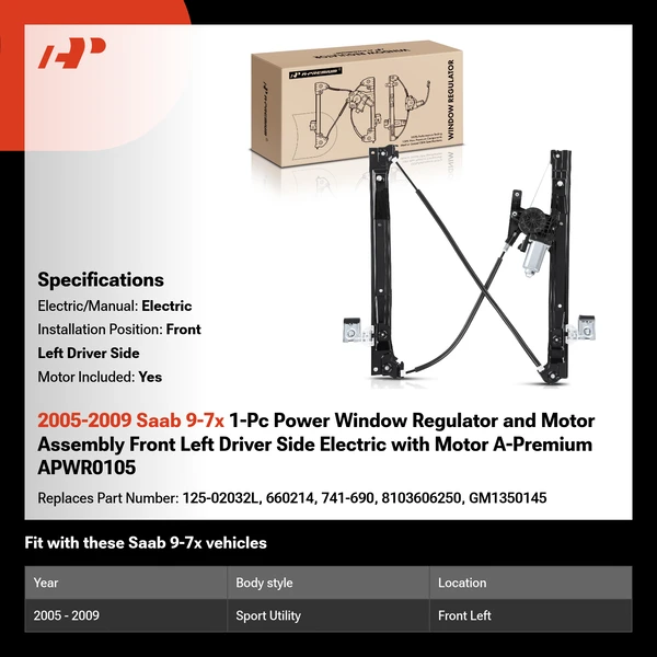 2005-2009 Saab 9-7x 1-Pc Power Window Regulator and Motor Assembly Front Left Driver Side Electric with Motor A-Premium APWR0105