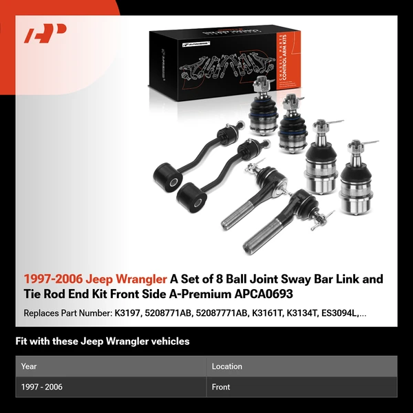 1997-2006 Jeep Wrangler A Set of 8 Ball Joint Sway Bar Link and Tie Rod End Kit Front Side A-Premium APCA0693