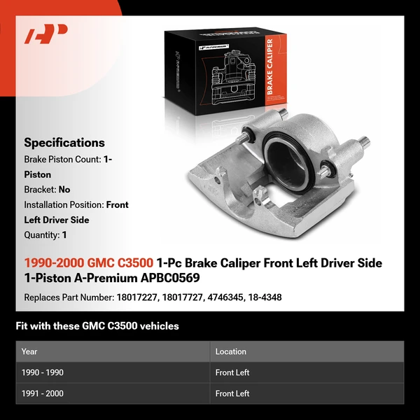 1990-2000 GMC C3500 1-Pc Brake Caliper Front Left Driver Side 1-Piston A-Premium APBC0569