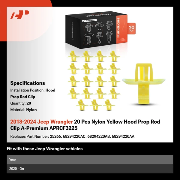 2018-2024 Jeep Wrangler 20 Pcs Nylon Yellow Hood Prop Rod Clip A-Premium APRCF3225