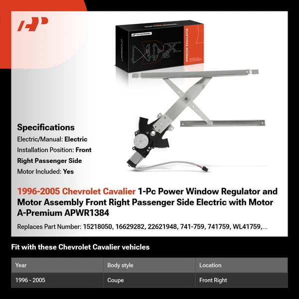 1996-2005 Chevrolet Cavalier 1-Pc Power Window Regulator and Motor Assembly Front Right Passenger Side Electric with Motor A-Premium APWR1384