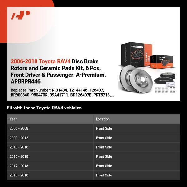 2006-2018 Toyota RAV4 Disc Brake Rotors and Ceramic Pads Kit, 6 Pcs, Front Driver & Passenger, A-Premium, APBRPR446
