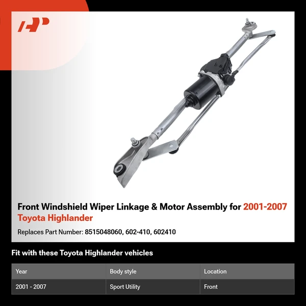 Front Windshield Wiper Linkage & Motor Assembly for 2001-2007 Toyota Highlander