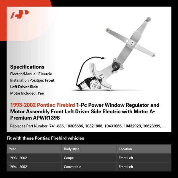 1993-2002 Pontiac Firebird 1-Pc Power Window Regulator and Motor Assembly Front Left Driver Side Electric with Motor A-Premium APWR1398