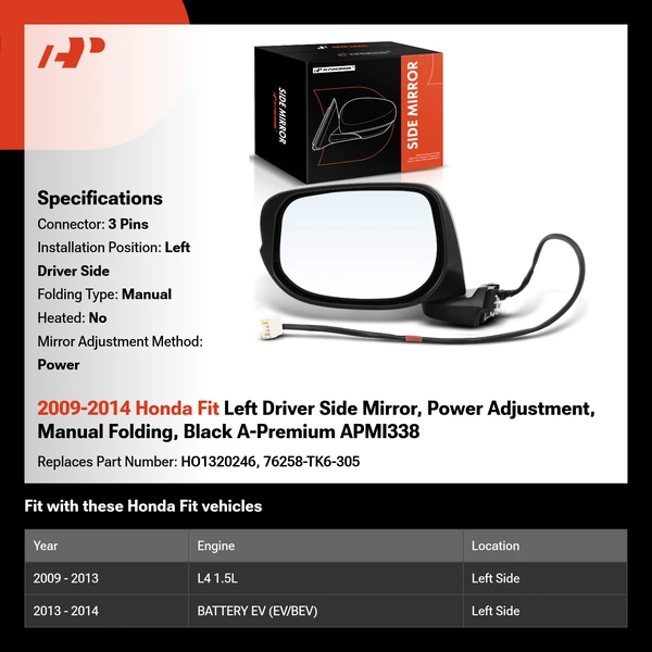 2009-2014 Honda Fit Left Driver Side Mirror, Power Adjustment, Manual Folding, Black A-Premium APMI338