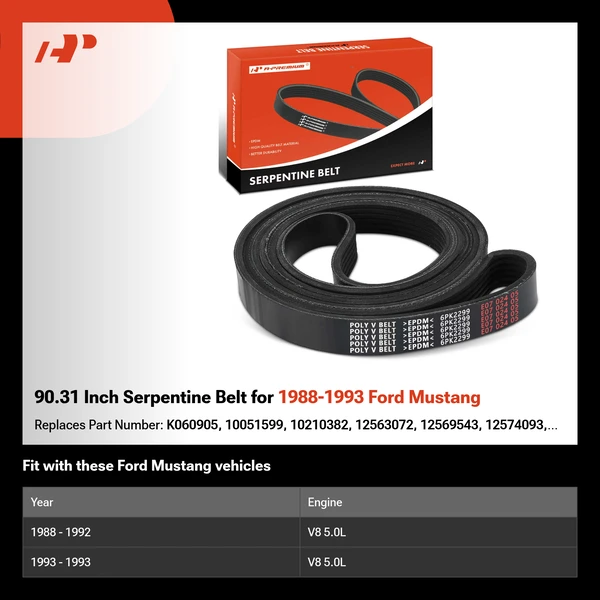 90.31 Inch Serpentine Belt for 1988-1993 Ford Mustang