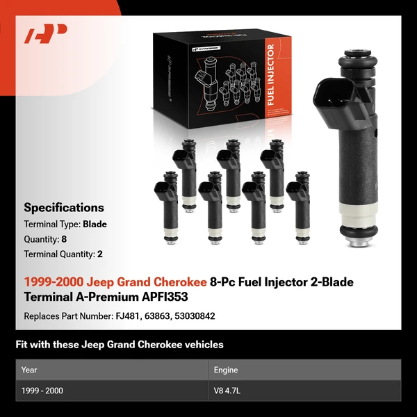 1999-2000 Jeep Grand Cherokee 8-Pc Fuel Injector 2-Blade Terminal A-Premium APFI353