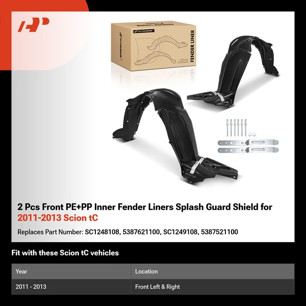 2 Pcs Front PE+PP Inner Fender Liners Splash Guard Shield for 2011-2013 Scion tC