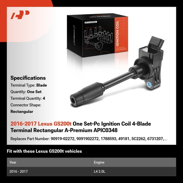 2016-2017 Lexus GS200t One Set-Pc Ignition Coil 4-Blade Terminal Rectangular A-Premium APIC0348
