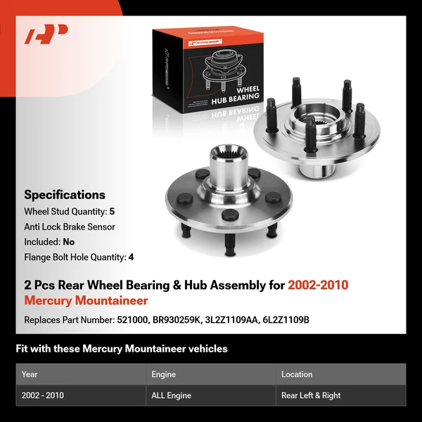 2 Pcs Rear Wheel Bearing & Hub Assembly for 2002-2010 Mercury Mountaineer