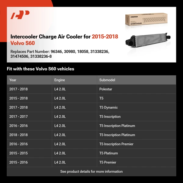 Intercooler Charge Air Cooler for 2015-2018 Volvo S60