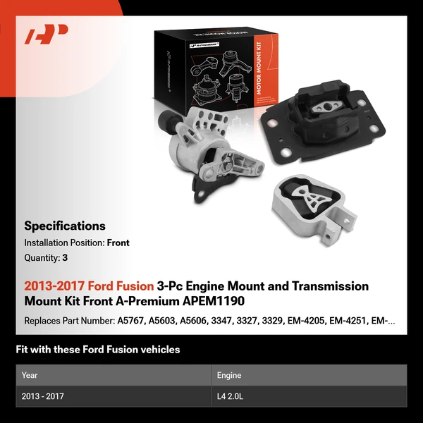 2013-2017 Ford Fusion 3-Pc Engine Mount and Transmission Mount Kit Front A-Premium APEM1190