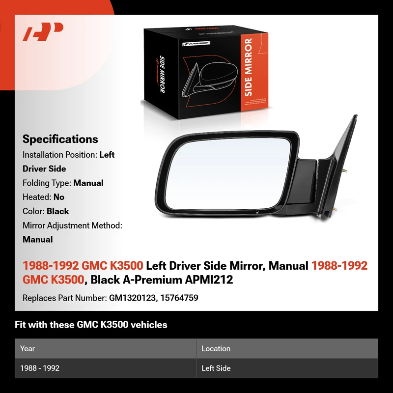 1988-1992 GMC K3500 Left Driver Side Mirror, Manual 1988-1992 GMC K3500, Black A-Premium APMI212