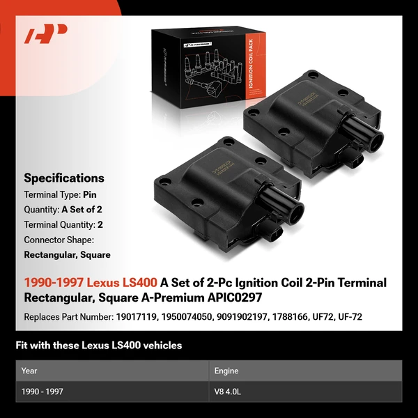 1990-1997 Lexus LS400 A Set of 2-Pc Ignition Coil 2-Pin Terminal Rectangular, Square A-Premium APIC0297