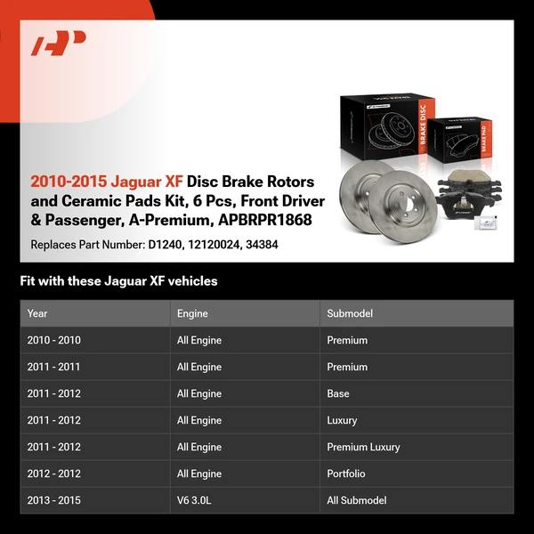 2010-2015 Jaguar XF Disc Brake Rotors and Ceramic Pads Kit, 6 Pcs, Front Driver & Passenger, A-Premium, APBRPR1868