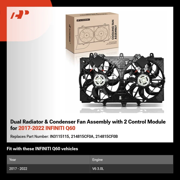 Dual Radiator & Condenser Fan Assembly with 2 Control Module for 2017-2022 INFINITI Q60