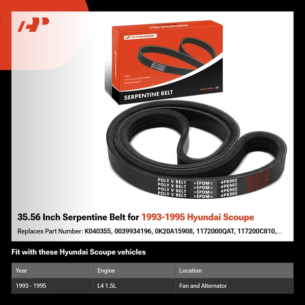 35.56 Inch Serpentine Belt for 1993-1995 Hyundai Scoupe