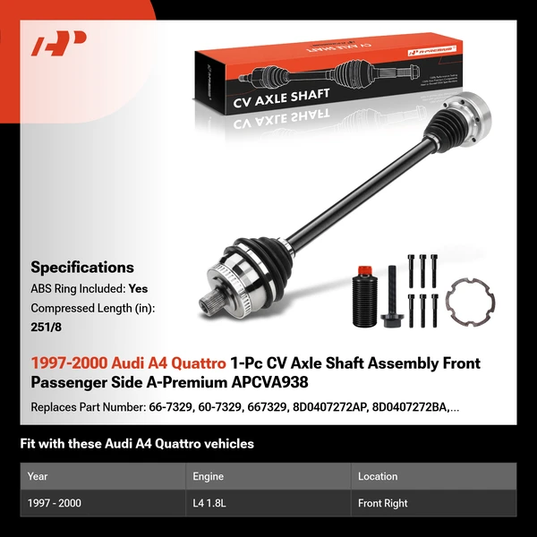 1997-2000 Audi A4 Quattro 1-Pc CV Axle Shaft Assembly Front Passenger Side A-Premium APCVA938