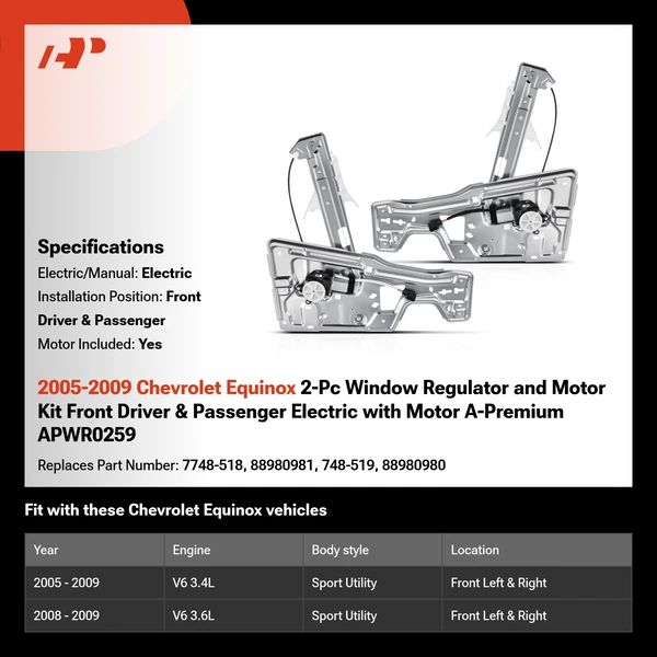 2005-2009 Chevrolet Equinox 2-Pc Window Regulator and Motor Kit Front Driver & Passenger Electric with Motor A-Premium APWR0259