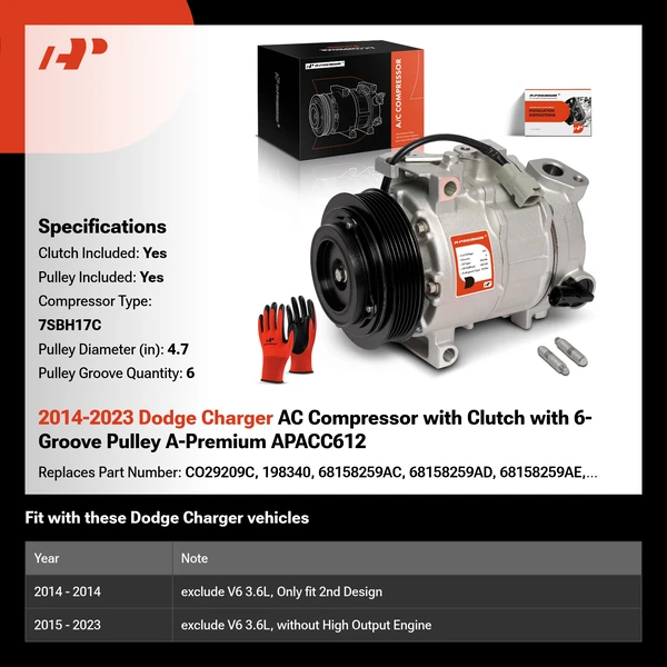 2014-2023 Dodge Charger AC Compressor with Clutch with 6-Groove Pulley A-Premium APACC612
