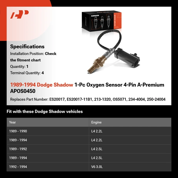 1989-1994 Dodge Shadow 1-Pc Oxygen Sensor 4-Pin A-Premium APOS0450