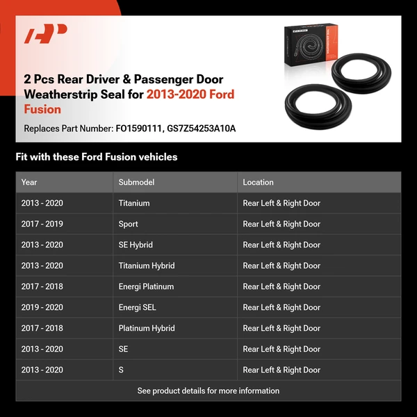 2 Pcs Rear Driver & Passenger Door Weatherstrip Seal for 2013-2020 Ford Fusion