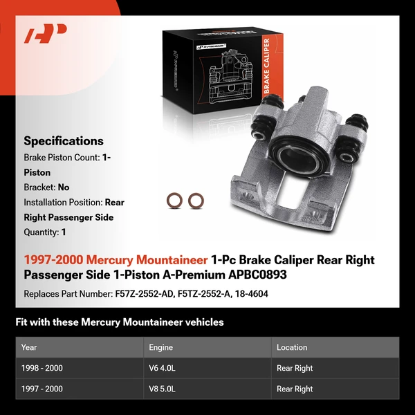 1997-2000 Mercury Mountaineer 1-Pc Brake Caliper Rear Right Passenger Side 1-Piston A-Premium APBC0893