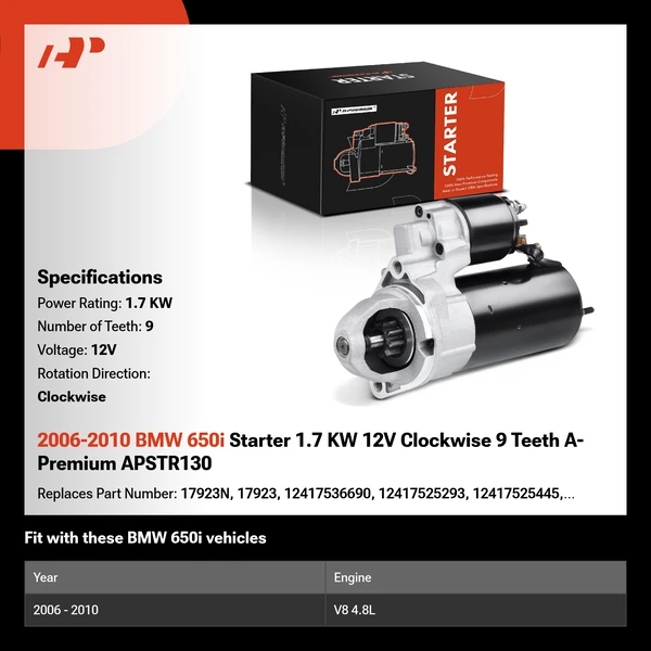 2006-2010 BMW 650i Starter 1.7 KW 12V Clockwise 9 Teeth A-Premium APSTR130