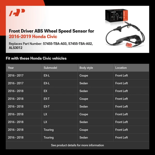 Front Driver ABS Wheel Speed Sensor for 2016-2019 Honda Civic