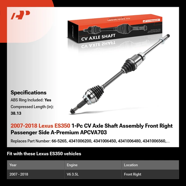 2007-2018 Lexus ES350 1-Pc CV Axle Shaft Assembly Front Right Passenger Side A-Premium APCVA703
