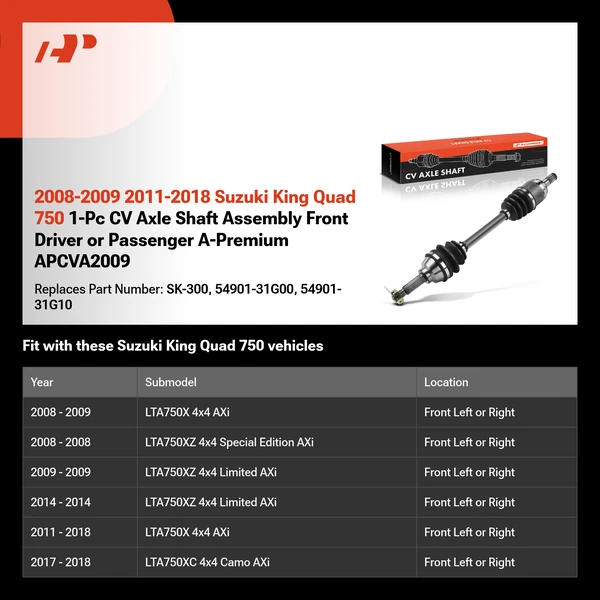 2008-2009 2011-2018 Suzuki King Quad 750 1-Pc CV Axle Shaft Assembly Front Driver or Passenger A-Premium APCVA2009