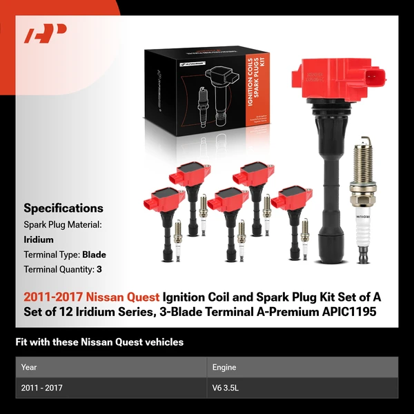 2011-2017 Nissan Quest Ignition Coil and Spark Plug Kit Set of A Set of 12 Iridium Series, 3-Blade Terminal A-Premium APIC1195
