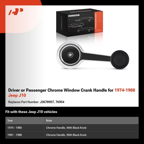 Driver or Passenger Chrome Window Crank Handle for 1974-1988 Jeep J10