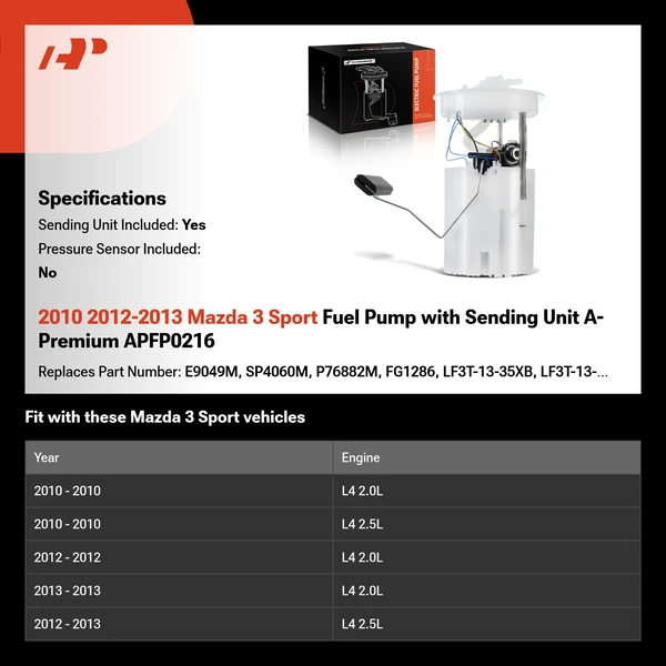 2010 2012-2013 Mazda 3 Sport Fuel Pump with Sending Unit A-Premium APFP0216
