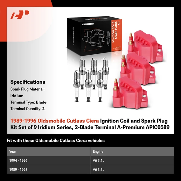 1989-1996 Oldsmobile Cutlass Ciera Ignition Coil and Spark Plug Kit Set of 9 Iridium Series, 2-Blade Terminal A-Premium APIC0589