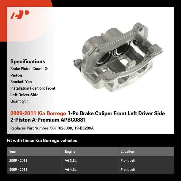 2009-2011 Kia Borrego 1-Pc Brake Caliper Front Left Driver Side 2-Piston A-Premium APBC0831