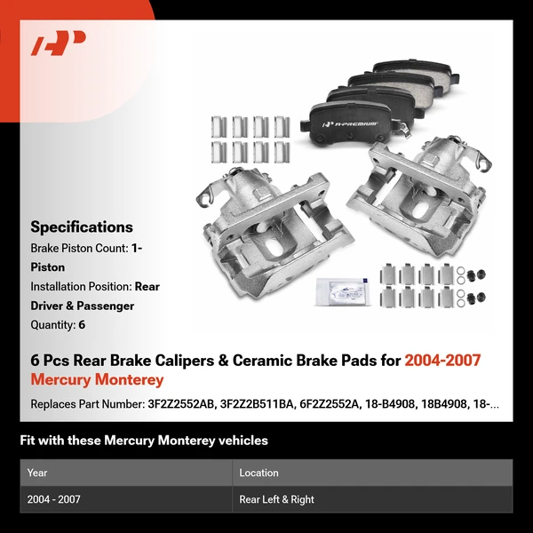 6 Pcs Rear Brake Calipers & Ceramic Brake Pads for 2004-2007 Mercury Monterey