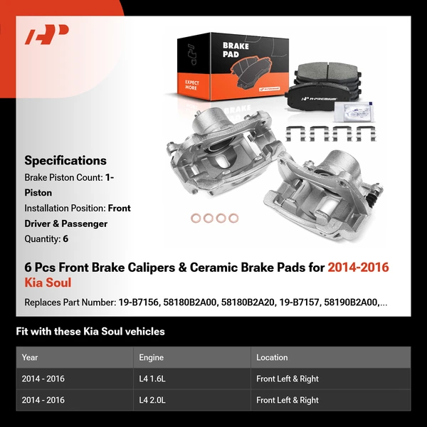 6 Pcs Front Brake Calipers & Ceramic Brake Pads for 2014-2016 Kia Soul