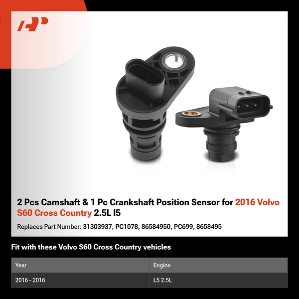 2 Pcs Camshaft & 1 Pc Crankshaft Position Sensor for 2016 Volvo S60 Cross Country 2.5L l5