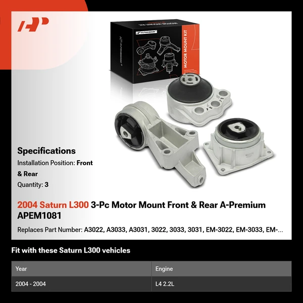 2004 Saturn L300 3-Pc Motor Mount Front & Rear A-Premium APEM1081