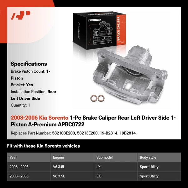 2003-2006 Kia Sorento 1-Pc Brake Caliper Rear Left Driver Side 1-Piston A-Premium APBC0722