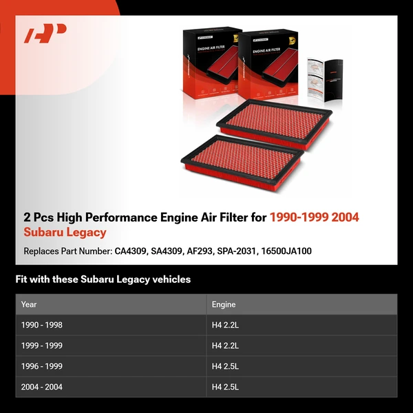 2 Pcs High Performance Engine Air Filter for 1990-1999 2004 Subaru Legacy