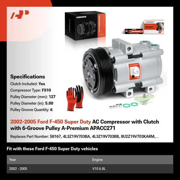2002-2005 Ford F-450 Super Duty AC Compressor with Clutch with 6-Groove Pulley A-Premium APACC271