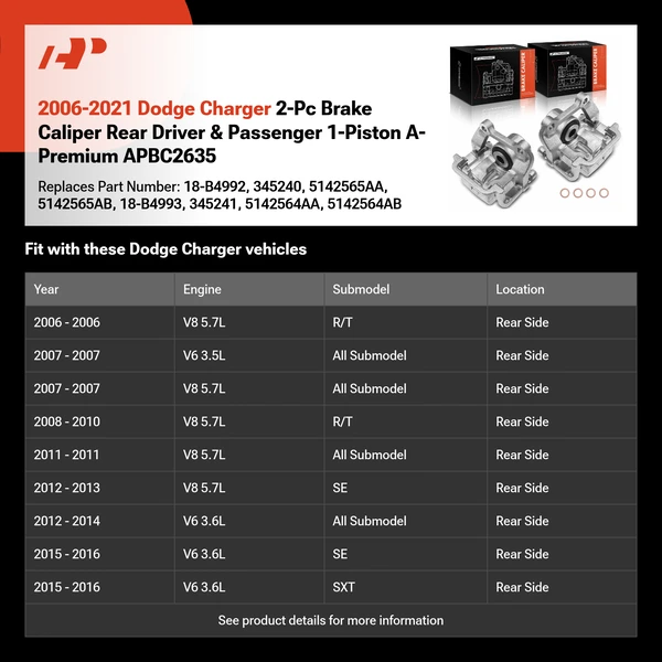 2006-2021 Dodge Charger 2-Pc Brake Caliper Rear Driver & Passenger 1-Piston A-Premium APBC2635