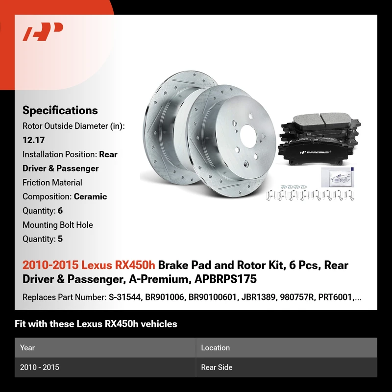 2010-2015 Lexus RX450h Brake Pad and Rotor Kit, 6 Pcs, Rear Driver & Passenger, A-Premium, APBRPS175