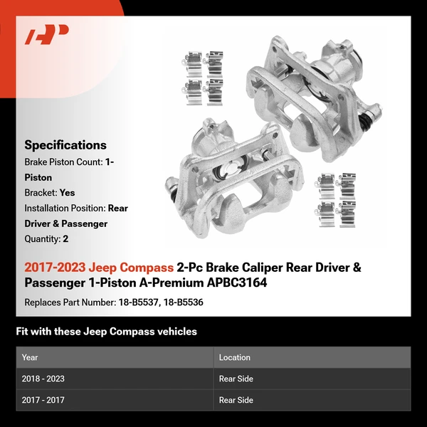 2017-2023 Jeep Compass 2-Pc Brake Caliper Rear Driver & Passenger 1-Piston A-Premium APBC3164