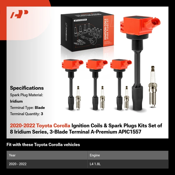 2020-2022 Toyota Corolla Ignition Coils & Spark Plugs Kits Set of 8 Iridium Series, 3-Blade Terminal A-Premium APIC1557