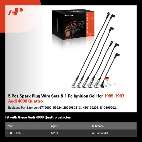 5 Pcs Spark Plug Wire Sets & 1 Pc Ignition Coil for 1985-1987 Audi 4000 Quattro