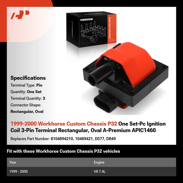 1999-2000 Workhorse Custom Chassis P32 One Set-Pc Ignition Coil 3-Pin Terminal Rectangular, Oval A-Premium APIC1460