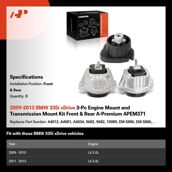 2009-2013 BMW 335i xDrive 3-Pc Engine Mount and Transmission Mount Kit Front & Rear A-Premium APEM371